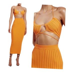 Meshki Orange Crystal Ribbed Midaxi Skirt with Halter Top Size Small